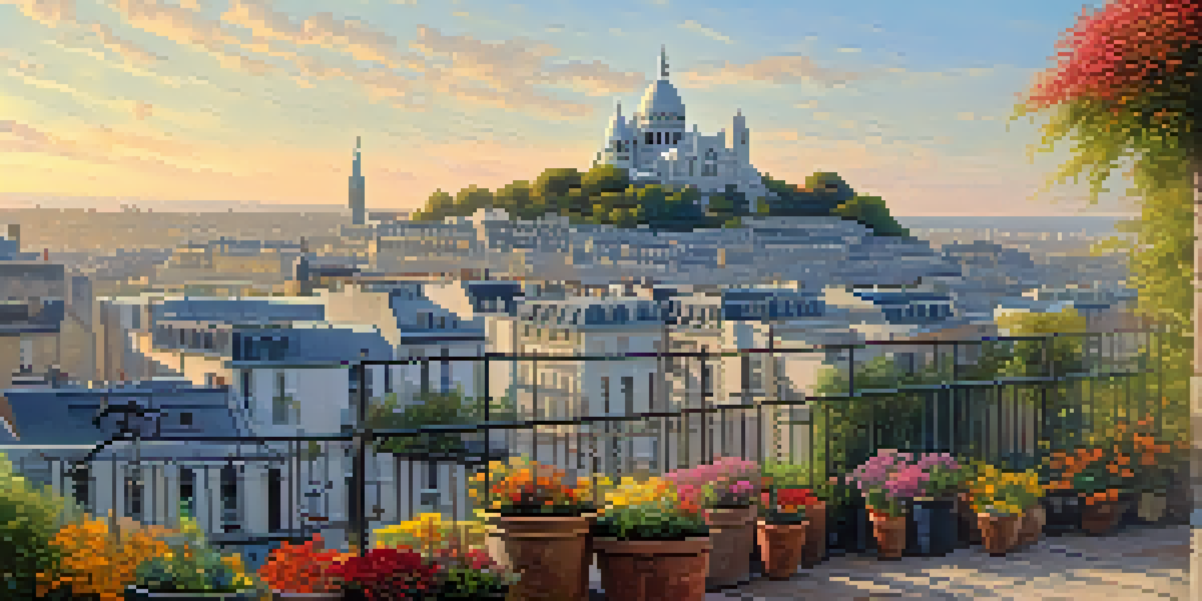 A view of the Sacré-Cœur Basilica in Montmartre, Paris, with cobblestone streets and local artists painting.