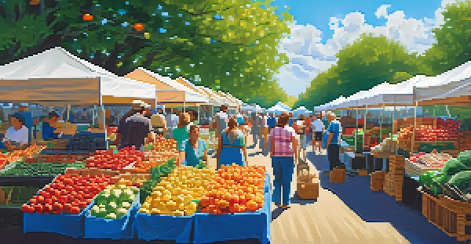 A lively farmers' market with colorful stalls offering fresh produce and handmade goods, under a clear blue sky.