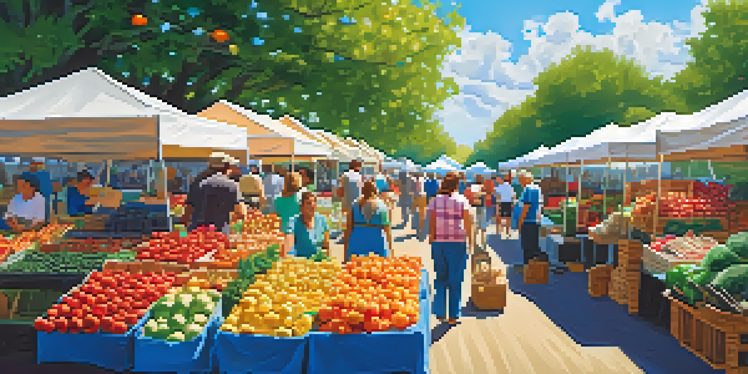 A lively farmers' market with colorful stalls offering fresh produce and handmade goods, under a clear blue sky.