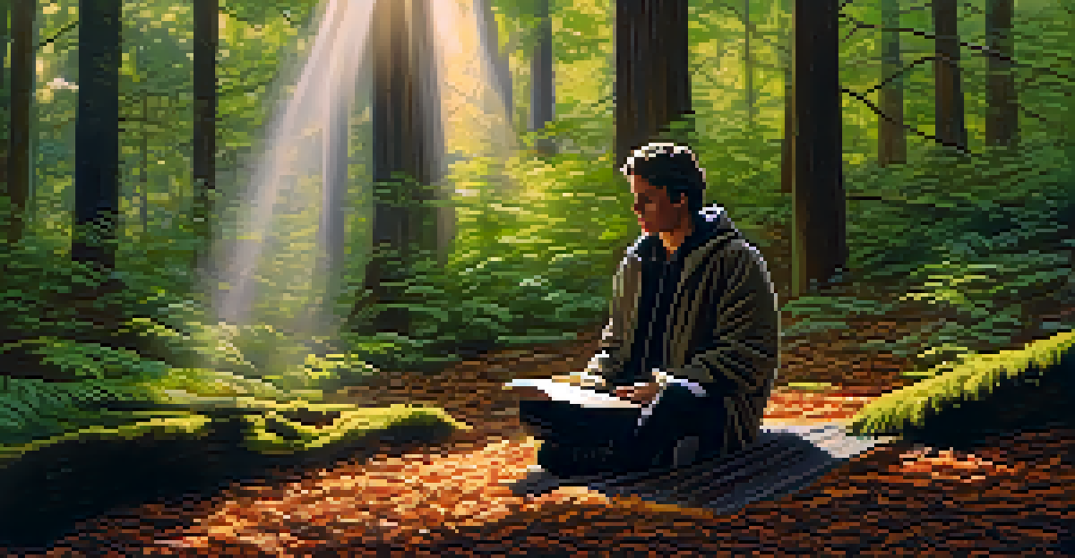 A person meditates on a bench in a serene forest, surrounded by tall trees and soft sunlight.