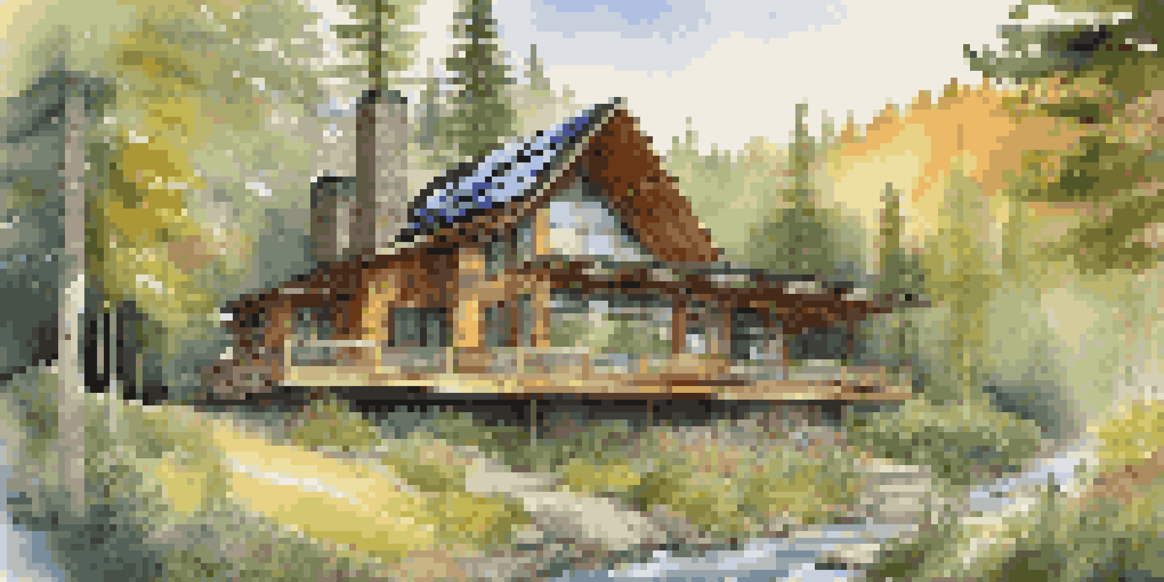 An eco-friendly lodge surrounded by a lush green forest, featuring solar panels and large windows reflecting nature.