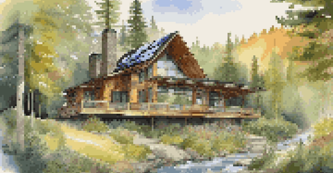 An eco-friendly lodge surrounded by a lush green forest, featuring solar panels and large windows reflecting nature.