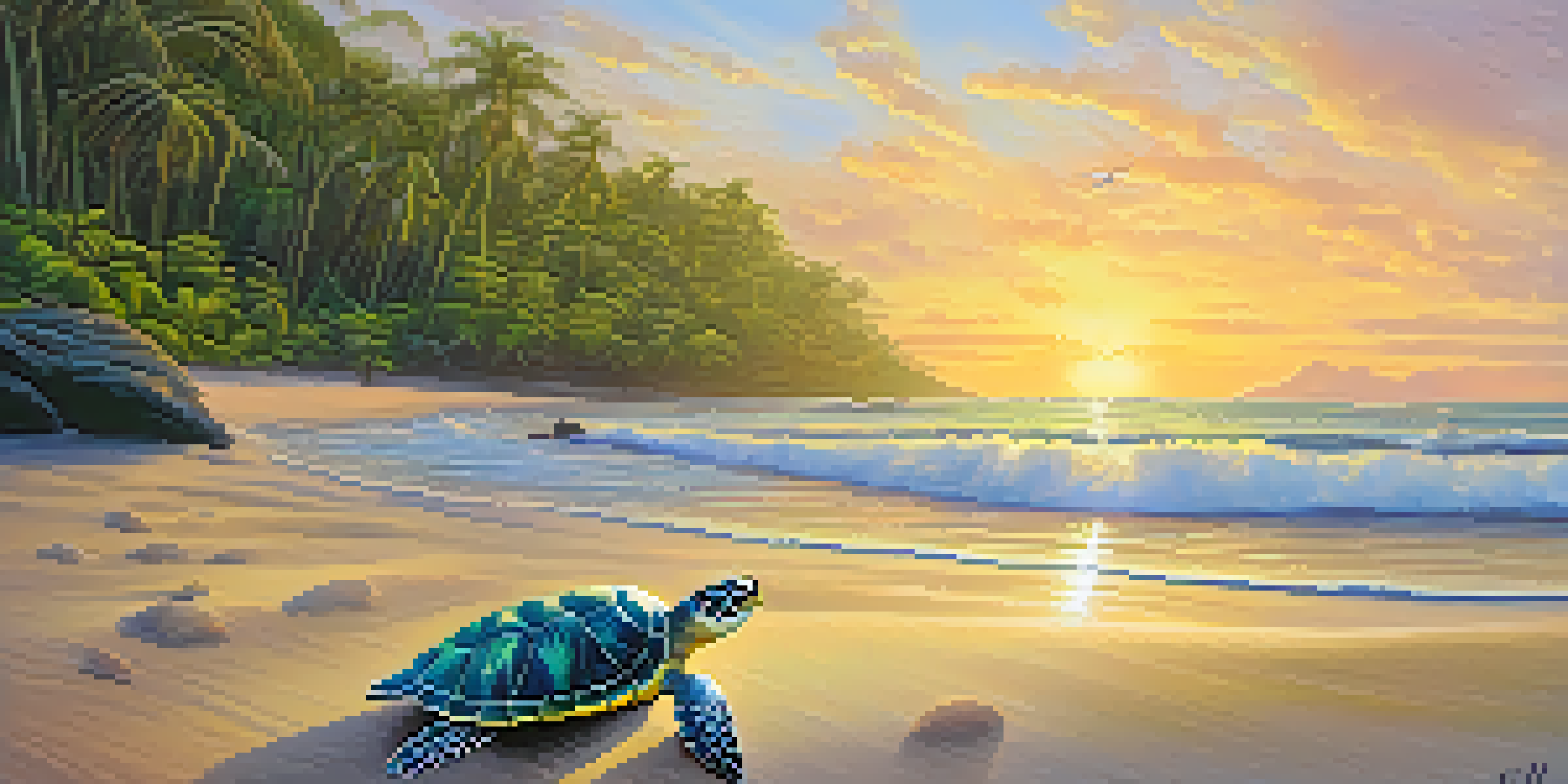 A volunteer releasing a baby sea turtle into the ocean at dawn in a lush Costa Rican jungle.