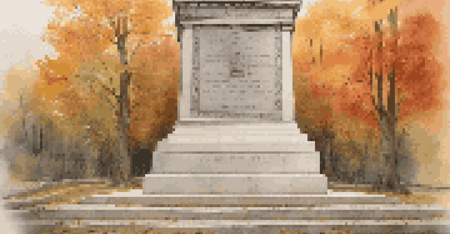 A detailed view of the 20th Maine Monument with autumn leaves in the background.