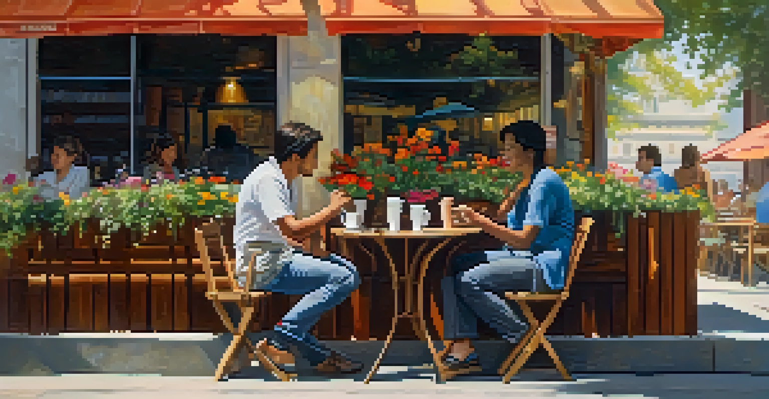 Two friends from different cultures sitting at an outdoor café, enjoying coffee while maintaining personal space.