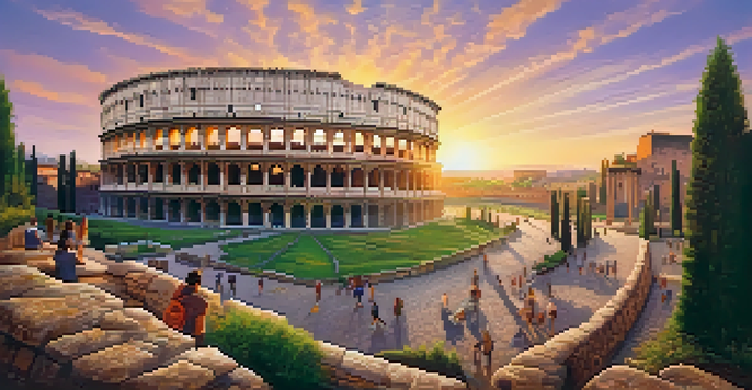 The Colosseum at sunset, bathed in golden hues with tourists exploring the area and greenery in the foreground.