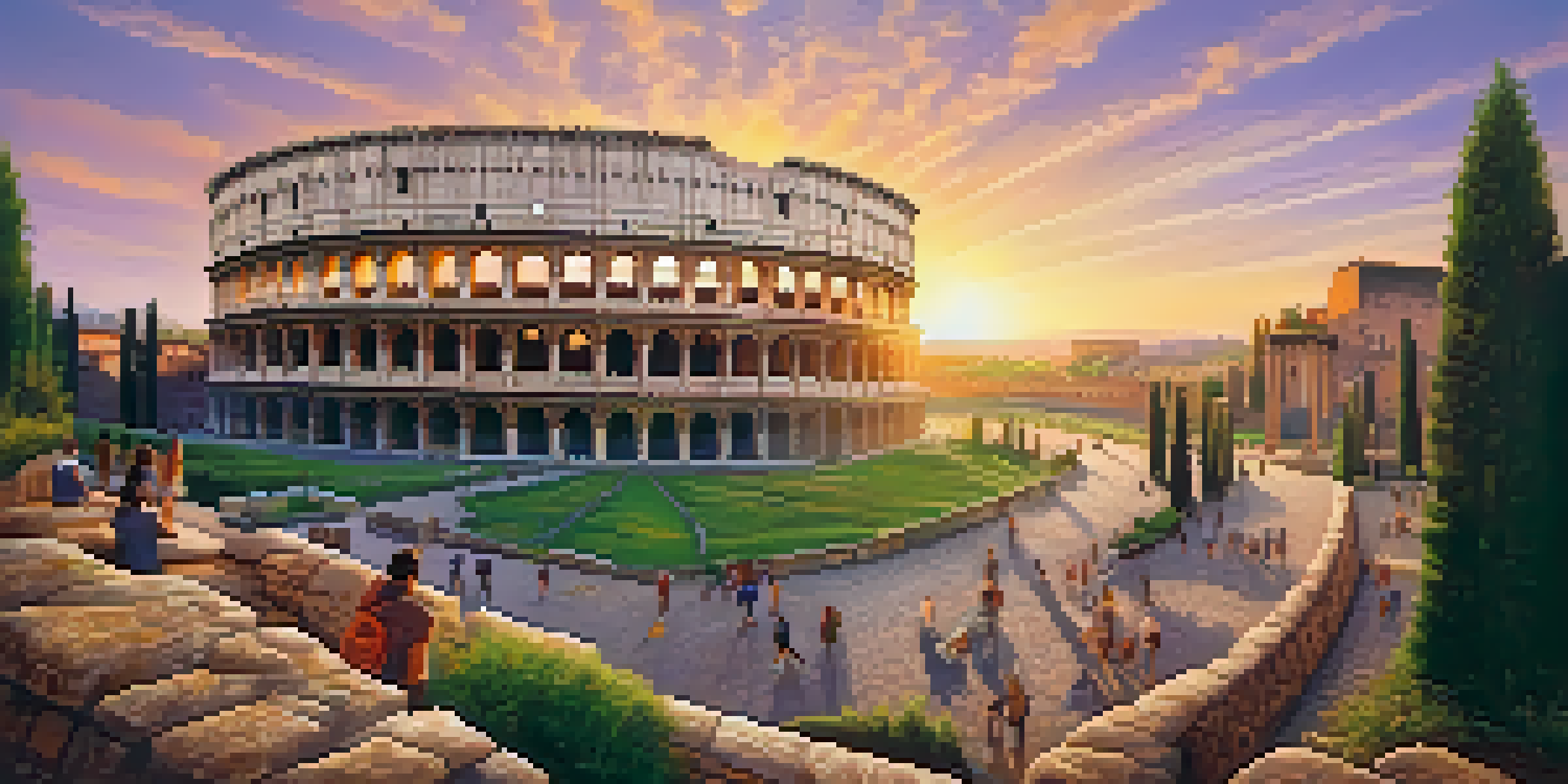 The Colosseum at sunset, bathed in golden hues with tourists exploring the area and greenery in the foreground.