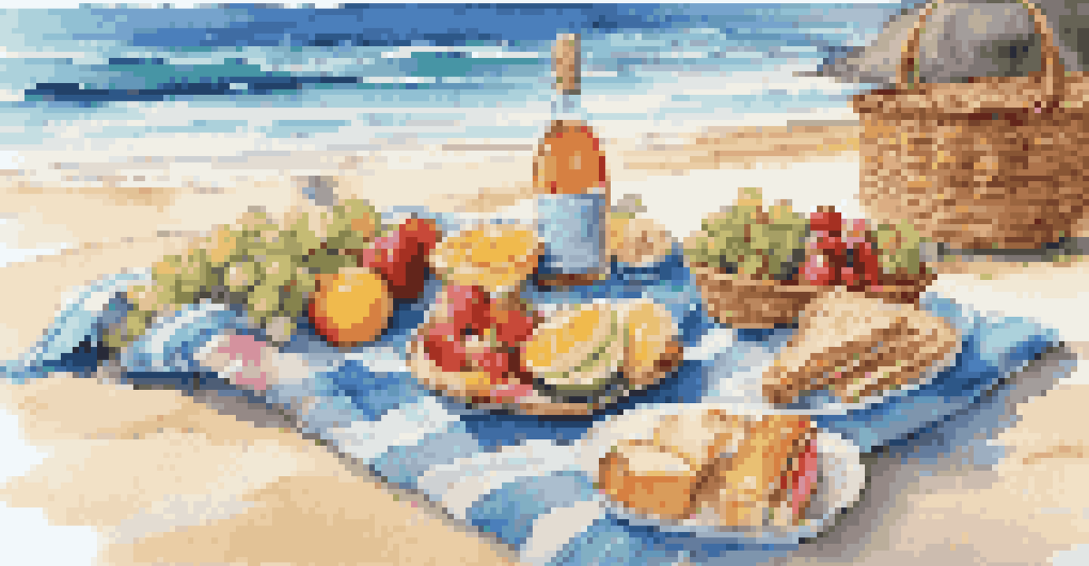 A picnic on a sunny beach with a blanket, basket, and ocean waves.