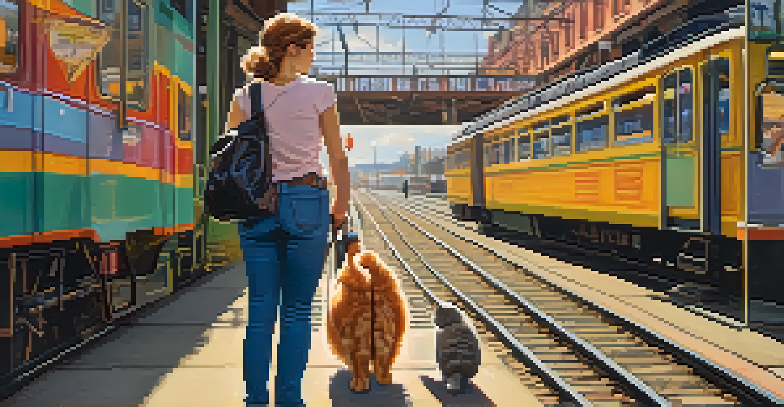 A pet owner with a cat carrier at a busy train station, preparing to board a train.