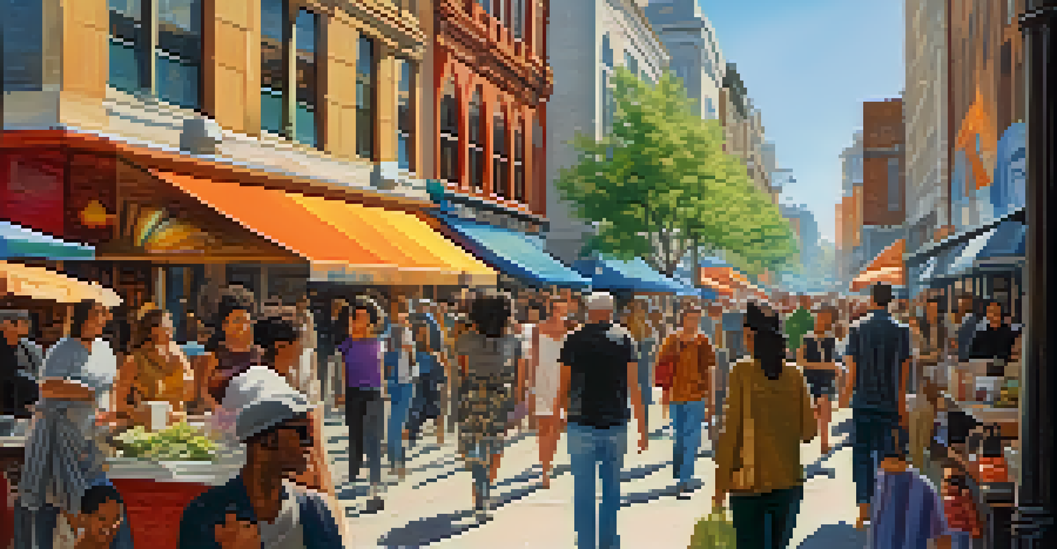 A lively city street filled with people, shops, and cafés under bright sunlight.