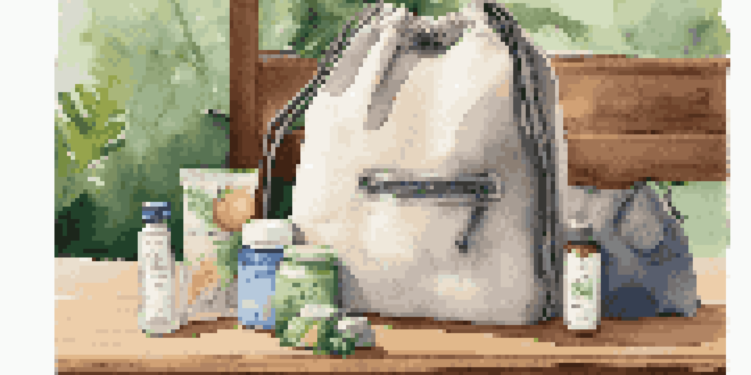 An eco-friendly travel bag filled with reusable items like a water bottle and toiletries, arranged on a wooden table with soft lighting.