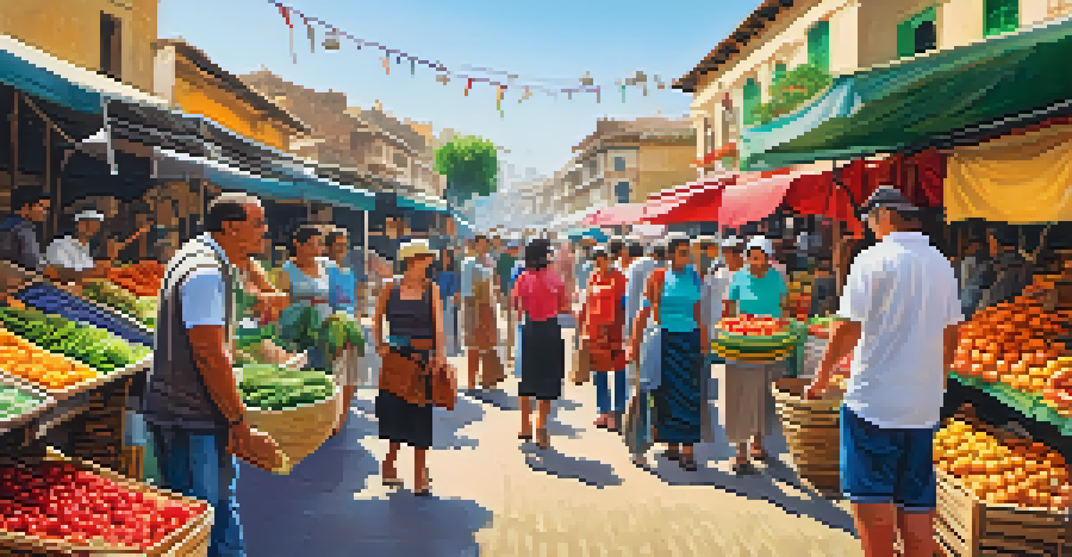 A local guide leads tourists through a colorful street market filled with fresh produce and handmade crafts.