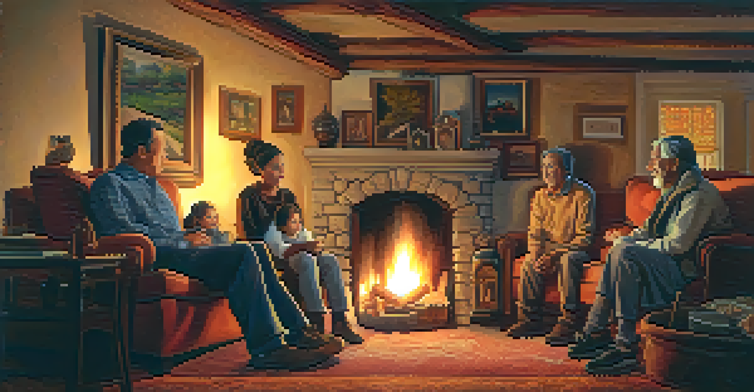 An elder sharing travel stories with younger family members around a fireplace in a cozy room.