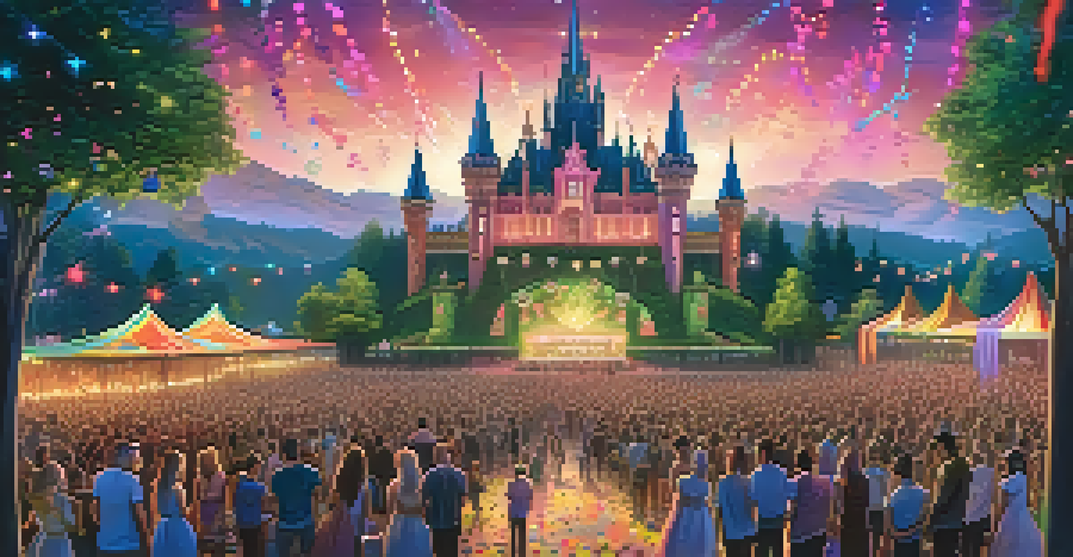 An enchanting electronic music festival scene in Belgium with a fairy tale castle stage, vibrant lights, and a dancing crowd amidst lush greenery.