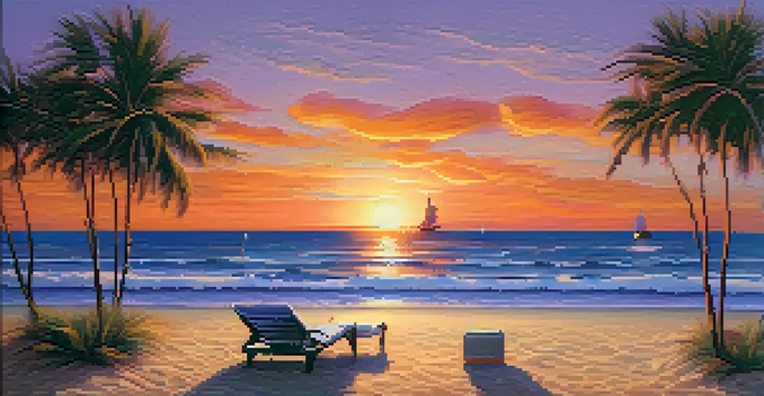 A peaceful beach at sunset with gentle waves, a beach chair, a book, and palm trees in the background.