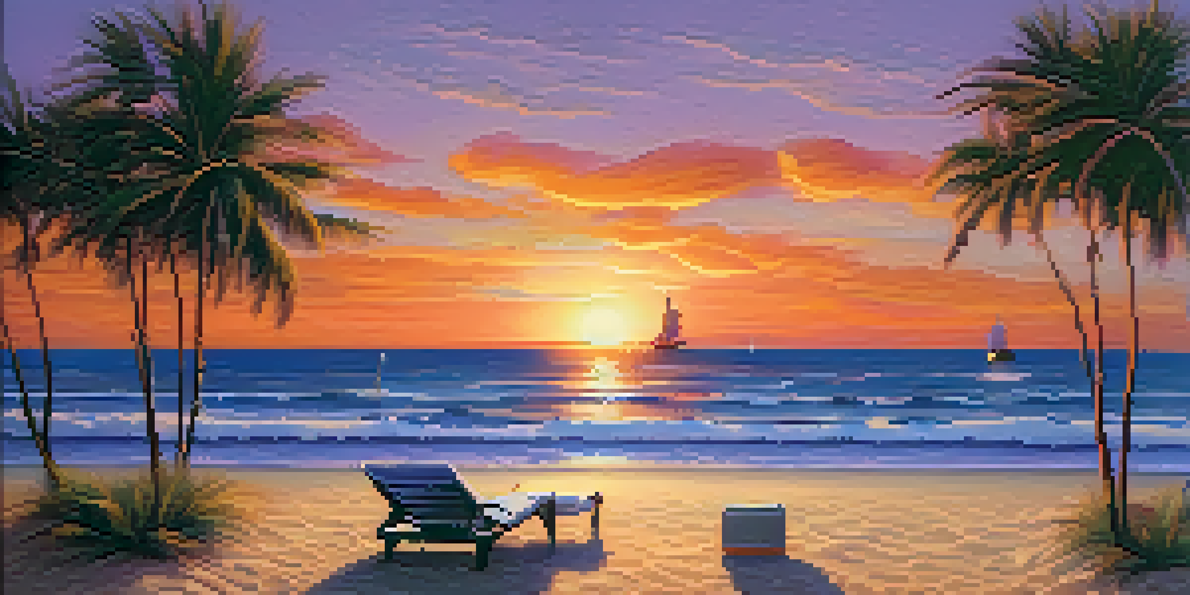 A peaceful beach at sunset with gentle waves, a beach chair, a book, and palm trees in the background.