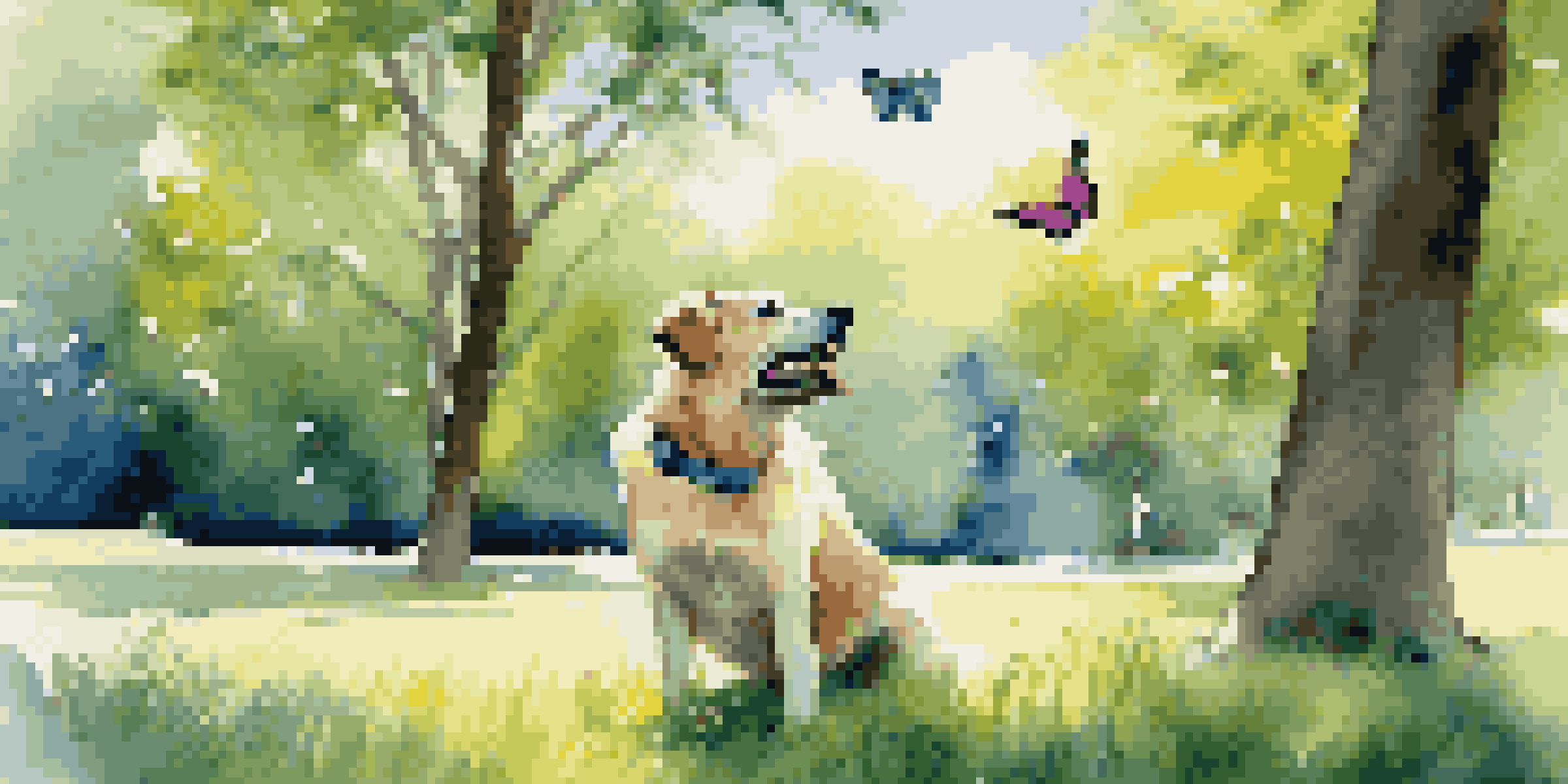 A happy dog in a green park, looking at a butterfly under a bright blue sky.