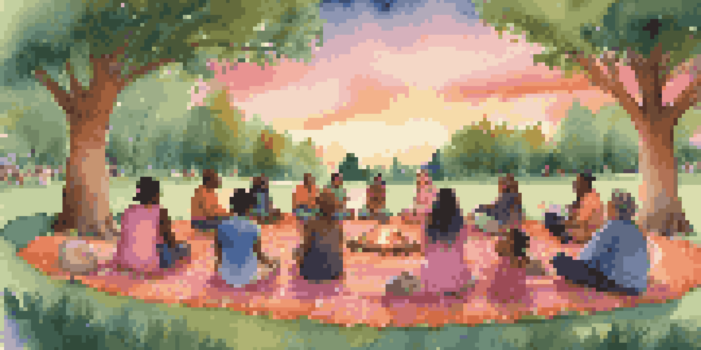 A community gathering in a park, with people engaged in storytelling as the sun sets, surrounded by trees and fairy lights.
