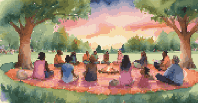 A community gathering in a park, with people engaged in storytelling as the sun sets, surrounded by trees and fairy lights.