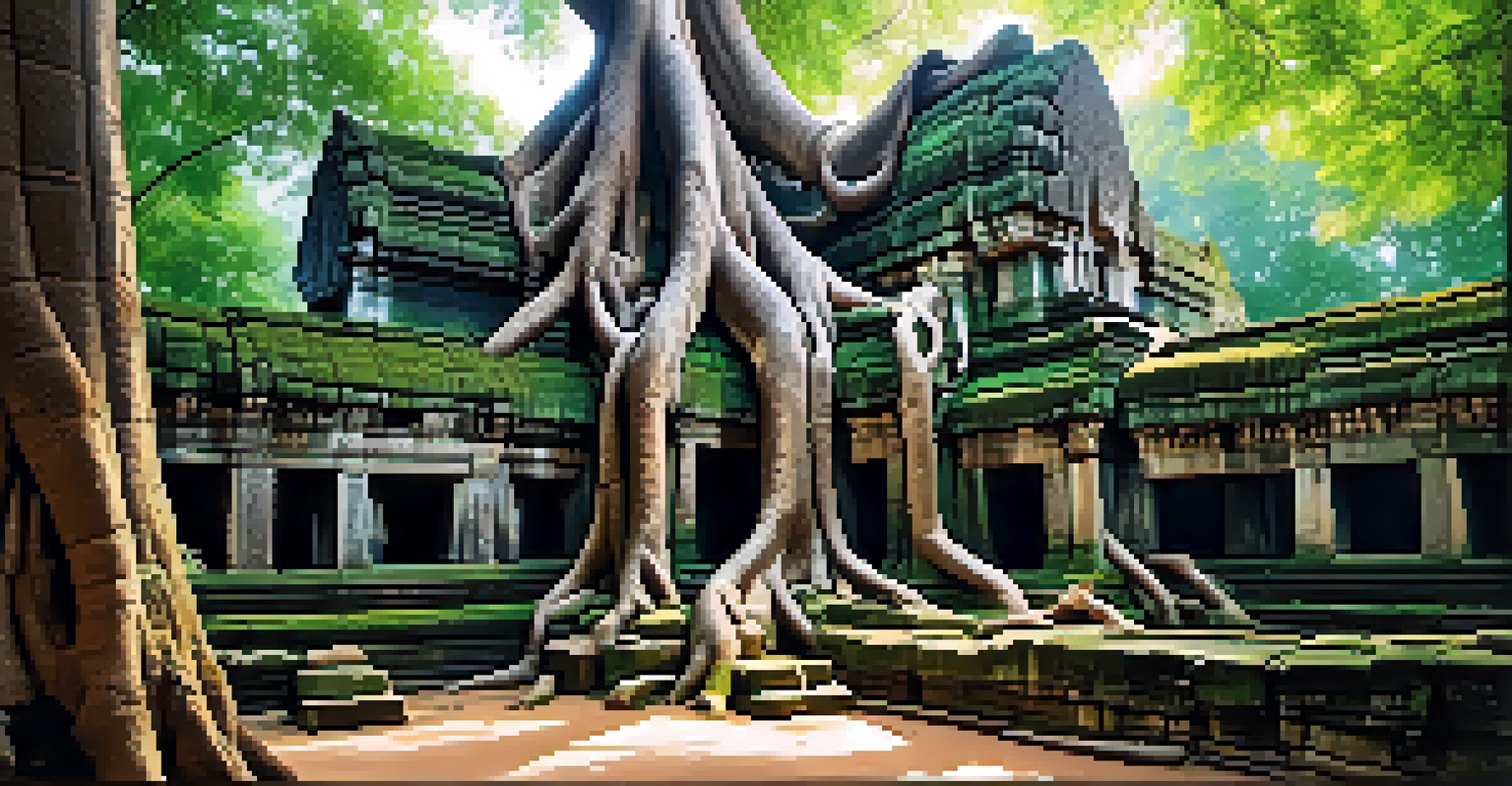 Ta Prohm Temple with large tree roots entwined around the ancient stones, illuminated by sunlight filtering through the leaves.