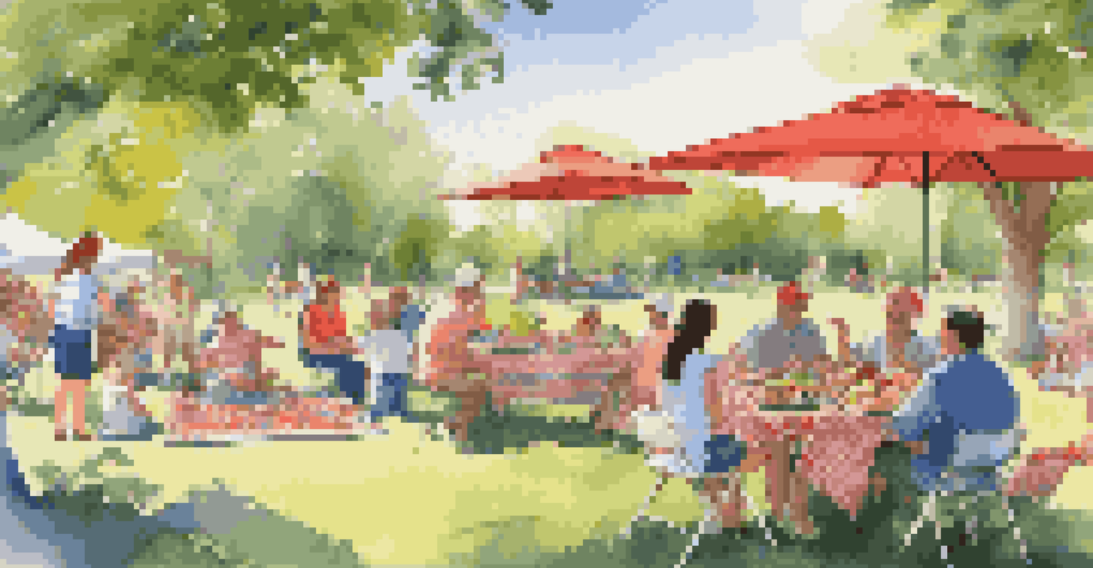 A lively outdoor picnic with families enjoying food and games in a sunny park.