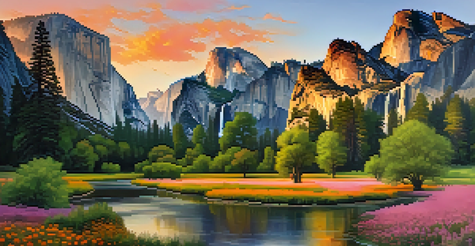 A stunning sunset view of Yosemite National Park with granite cliffs and a winding river.