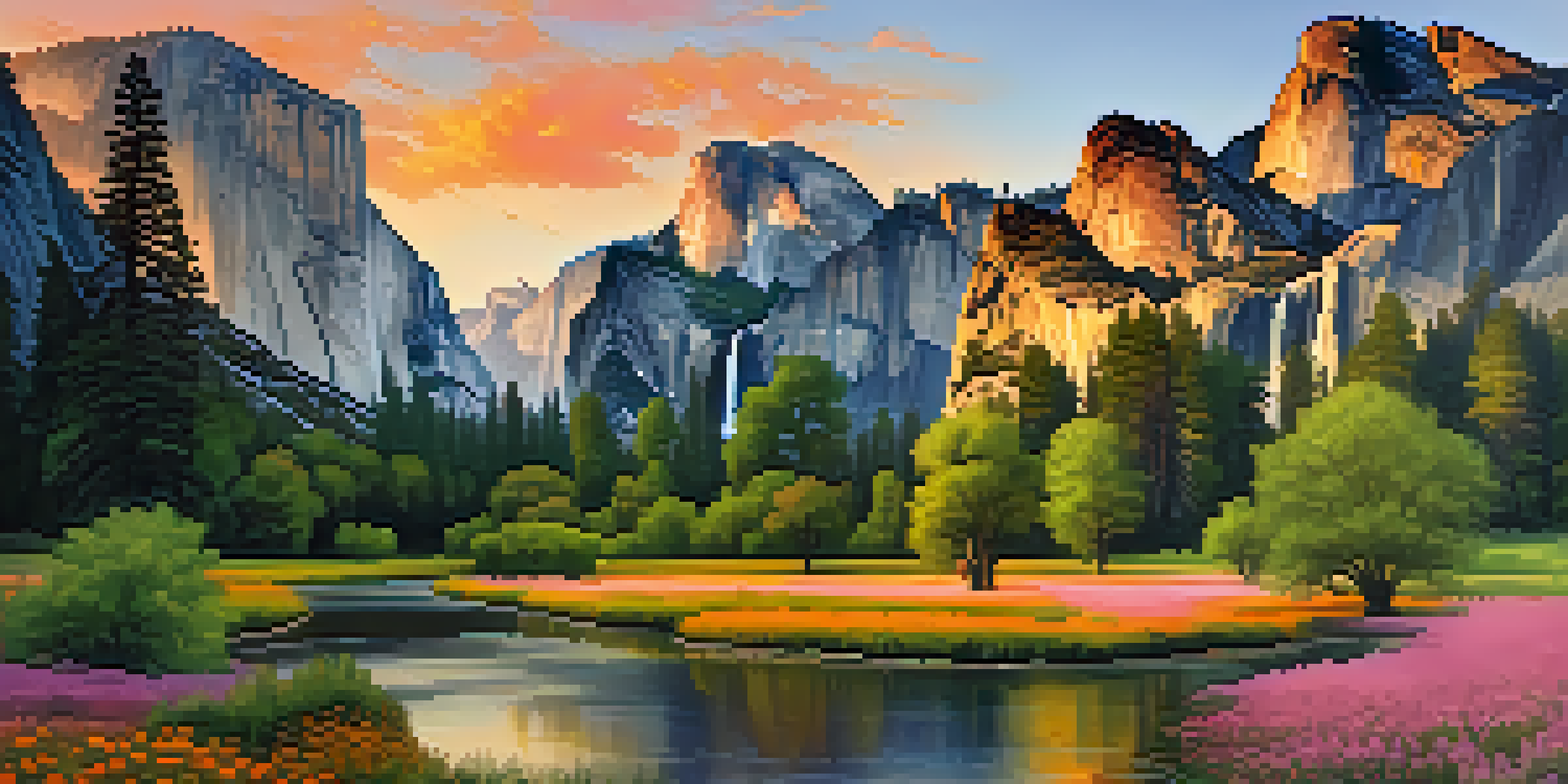 A stunning sunset view of Yosemite National Park with granite cliffs and a winding river.