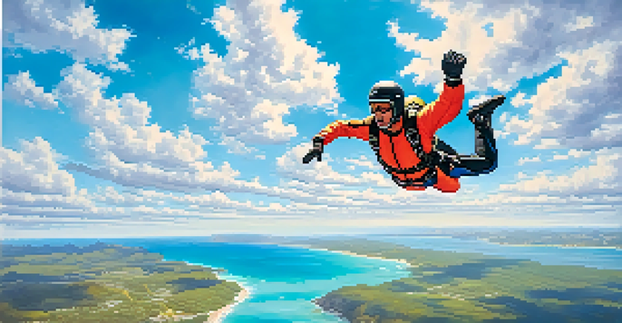 An aerial view of a skydiver freefalling through clouds above a beautiful coastline with turquoise waters and sandy beaches.