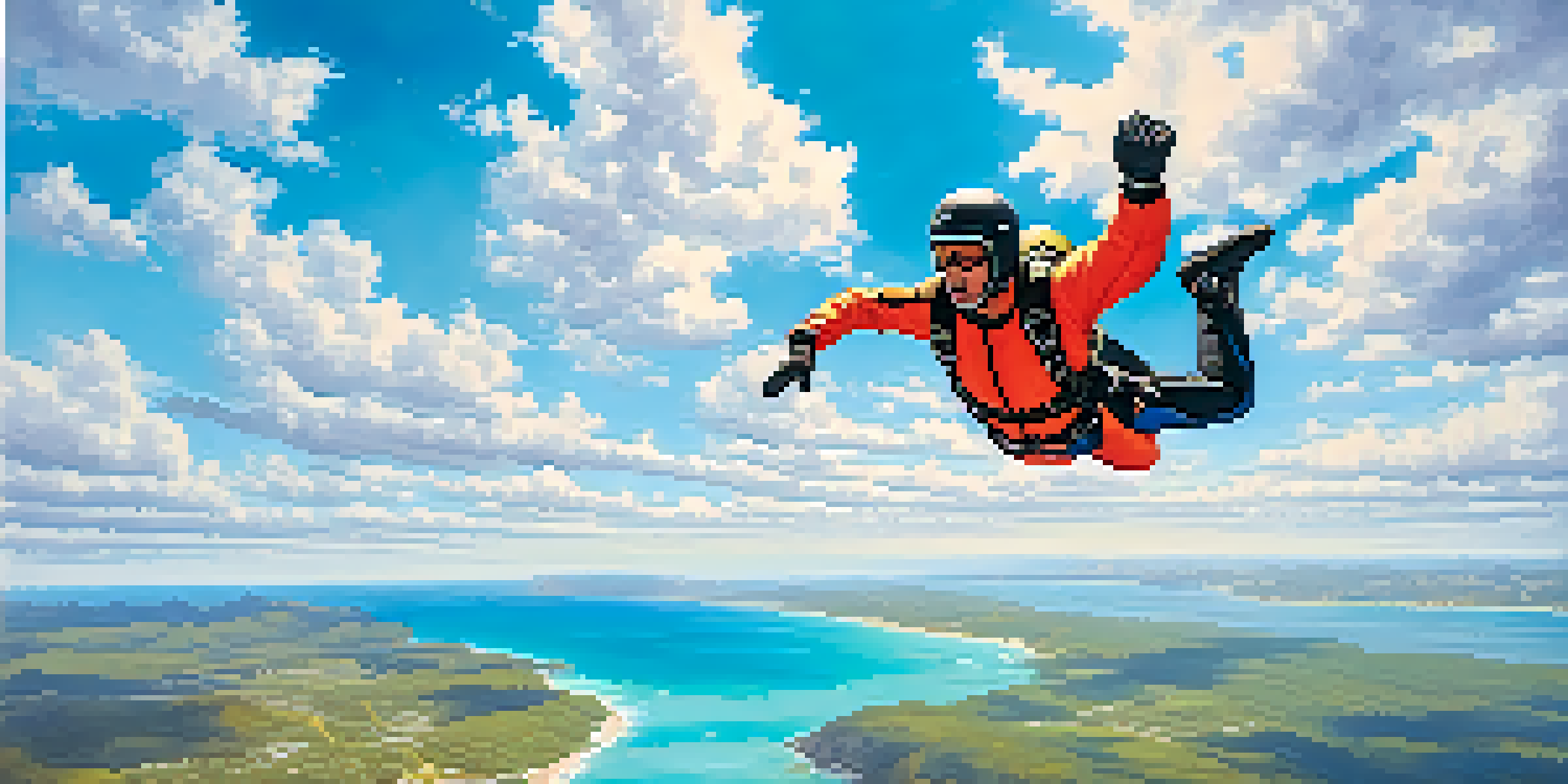 An aerial view of a skydiver freefalling through clouds above a beautiful coastline with turquoise waters and sandy beaches.