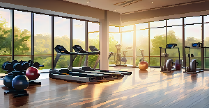 A modern hotel gym with large windows overlooking green trees and a sunrise, featuring fitness machines and yoga mats.