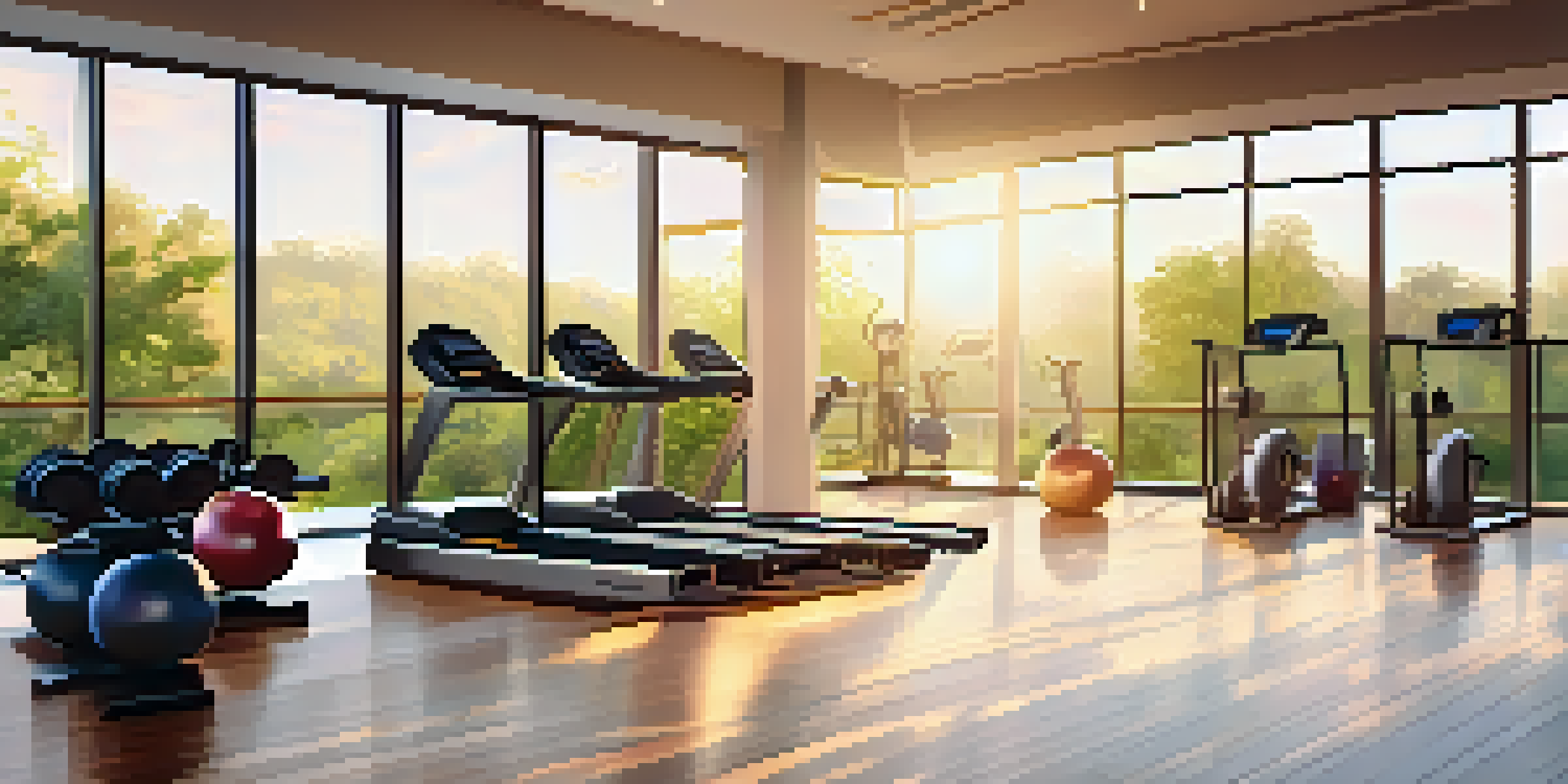 A modern hotel gym with large windows overlooking green trees and a sunrise, featuring fitness machines and yoga mats.