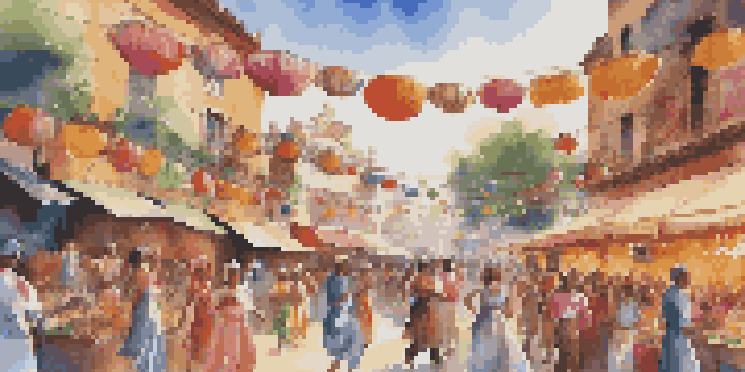 A lively music festival with diverse people in colorful costumes, dancing and enjoying food from stalls, with a band performing on stage.