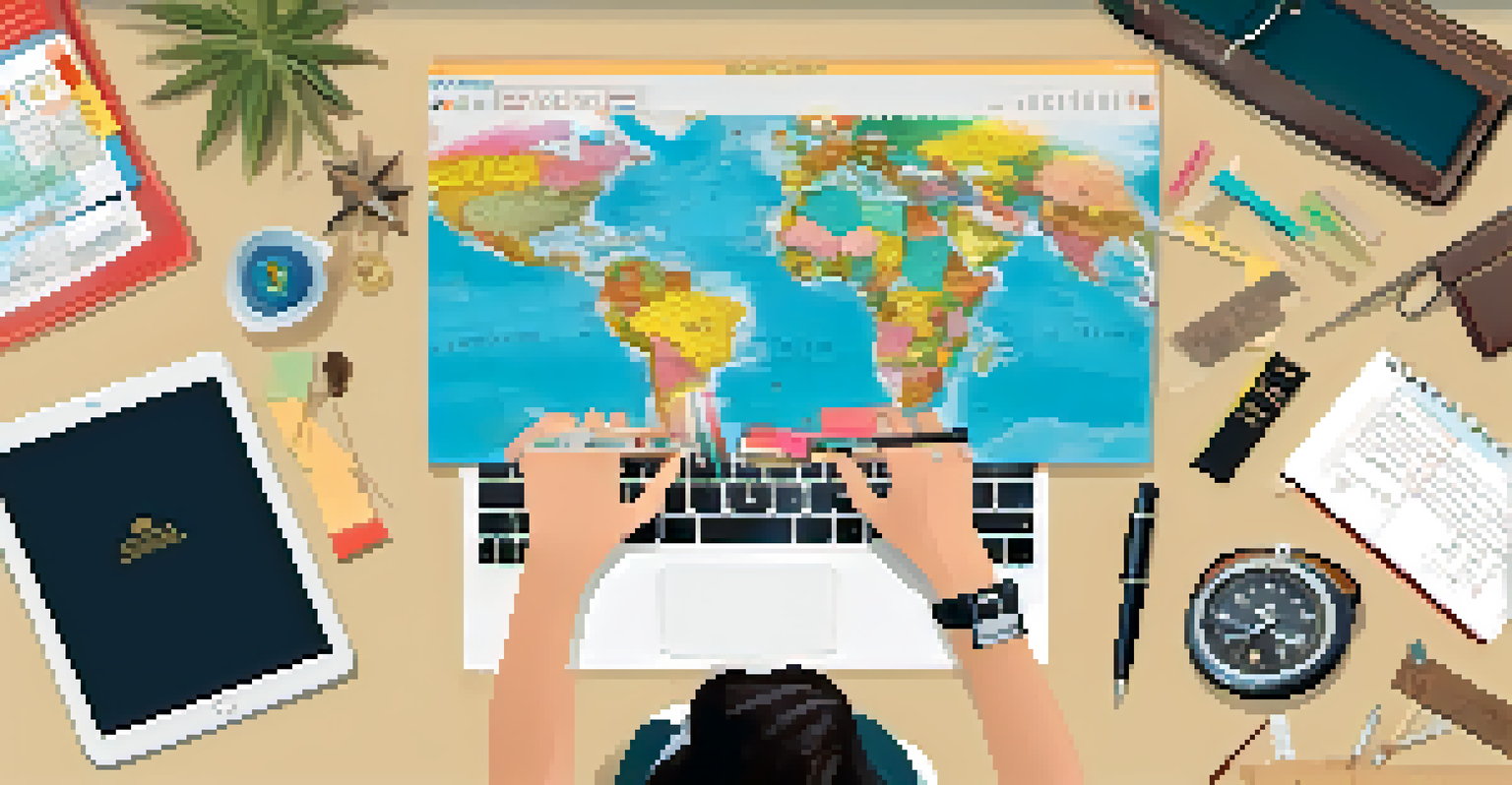 A travel planning workspace with a laptop, world map, sticky notes, and a passport, conveying a sense of adventure.