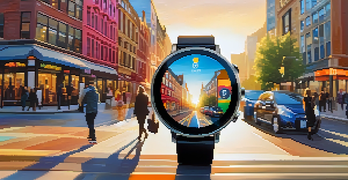A traveler using a smartwatch to navigate a busy city street during sunset.