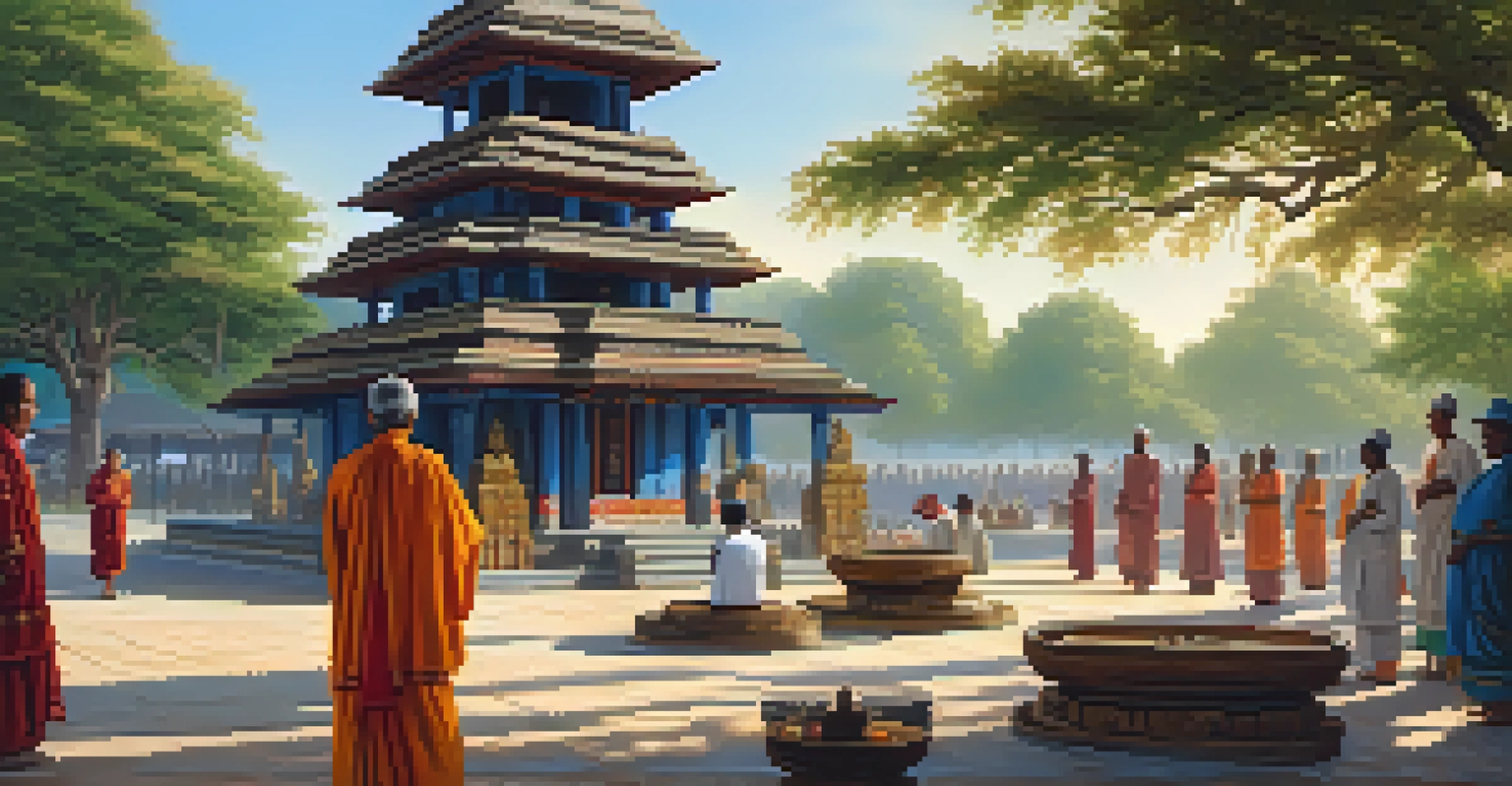 A traveler observing a religious ceremony at a colorful temple with intricate designs.