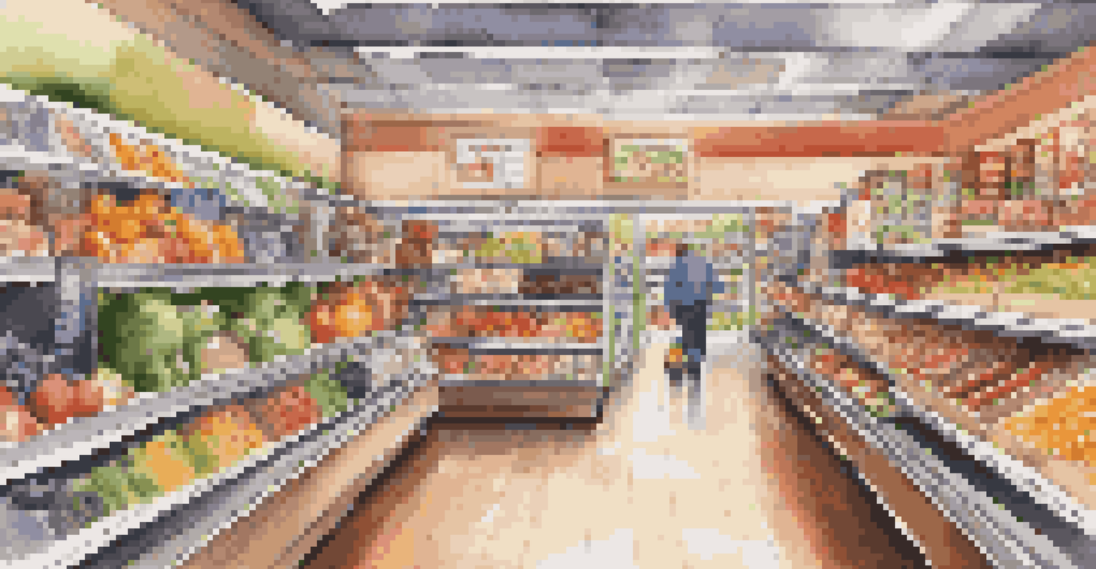 A grocery store aisle filled with an array of packaged kosher foods and fresh produce, brightly lit by natural light.