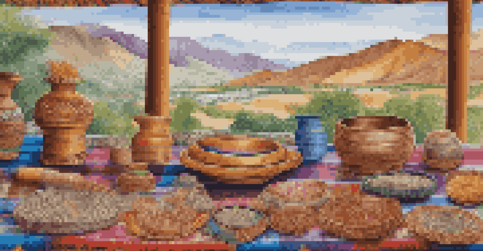 Handcrafted local crafts displayed on a blanket with a village view in the background.