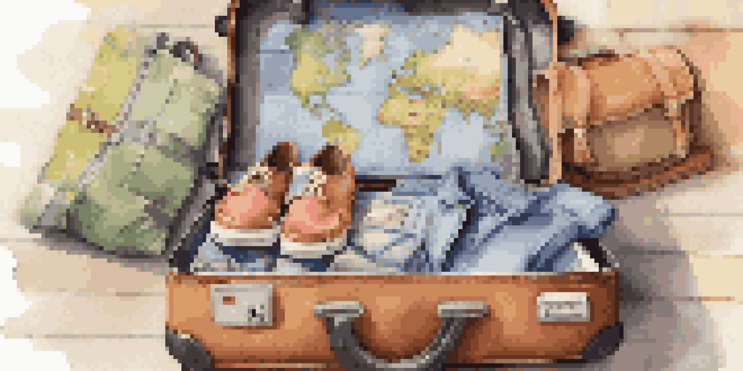 A suitcase organized with packing cubes, surrounded by travel accessories such as a passport and camera, with a world map in the background.