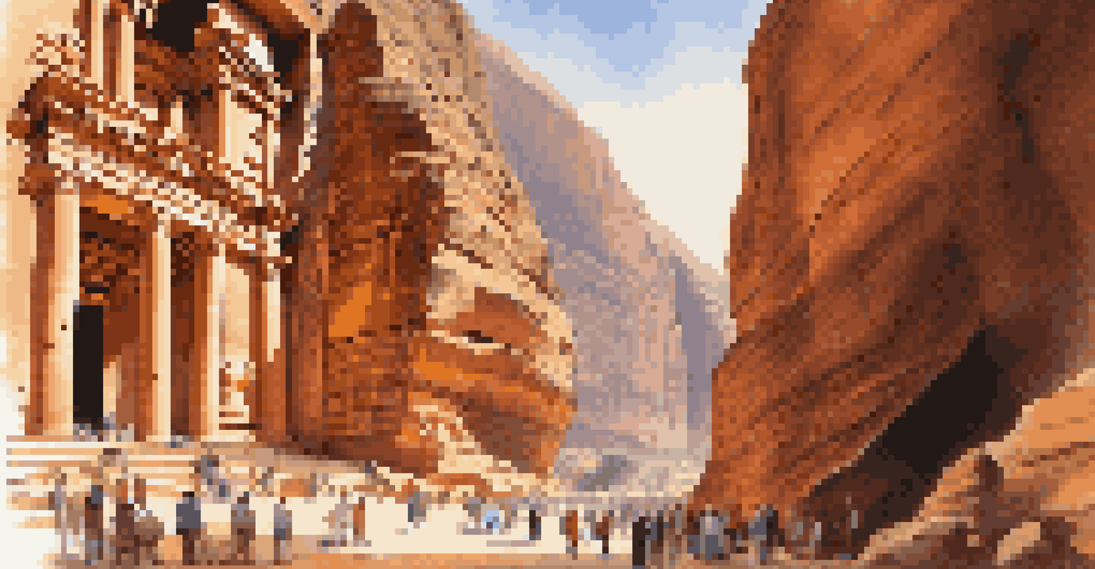 The Treasury of Petra viewed through a narrow canyon with visitors admiring the ancient structure.
