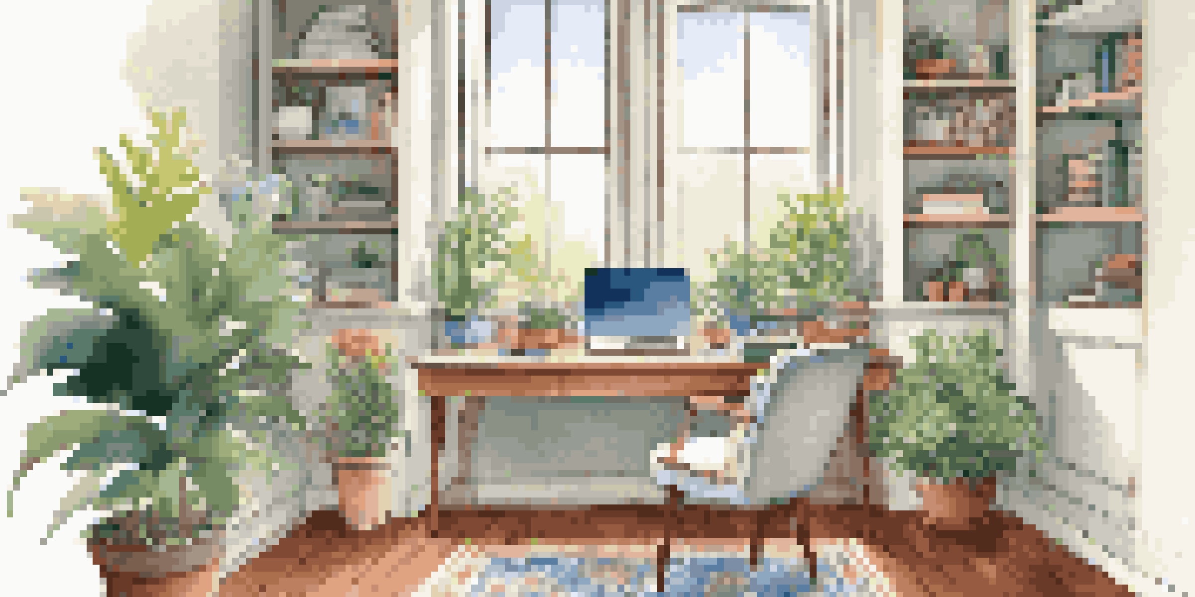 A bright and organized home office featuring a desk with a laptop and plants, with a view of a colorful garden outside the window.