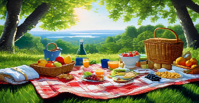 An outdoor picnic setup with eco-friendly utensils and reusable containers on green grass, with sunlight filtering through trees.
