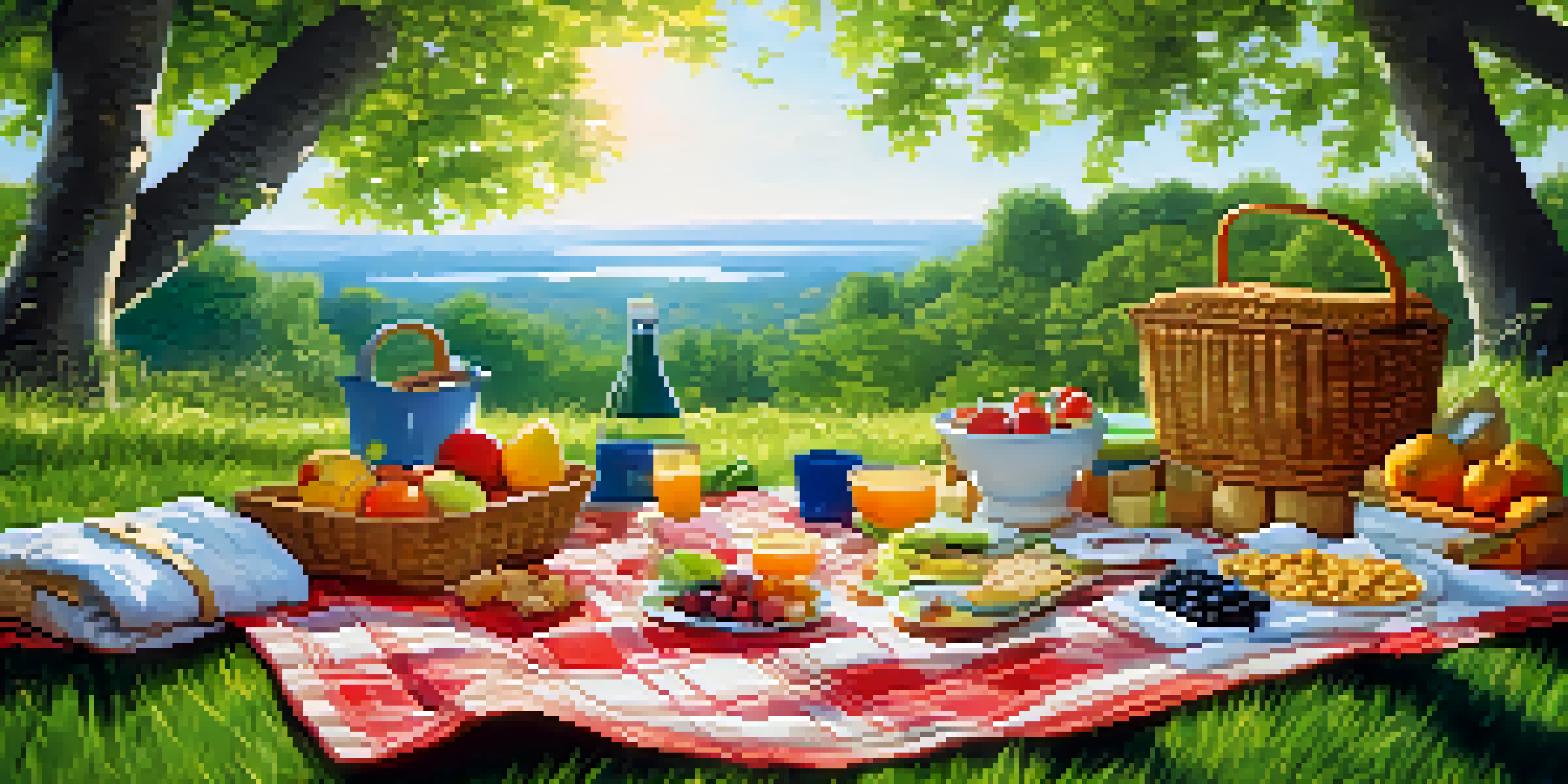 An outdoor picnic setup with eco-friendly utensils and reusable containers on green grass, with sunlight filtering through trees.