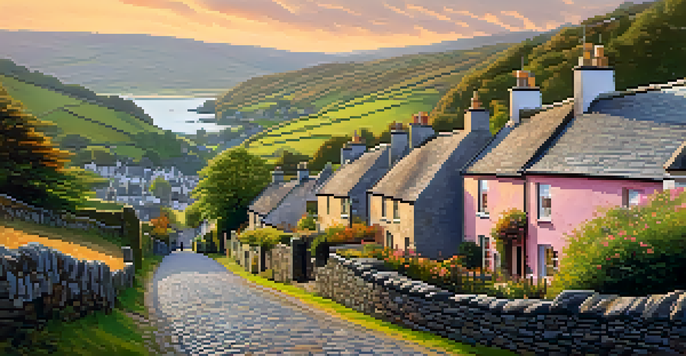 A picturesque Irish village with stone cottages and green hills under a sunset sky.