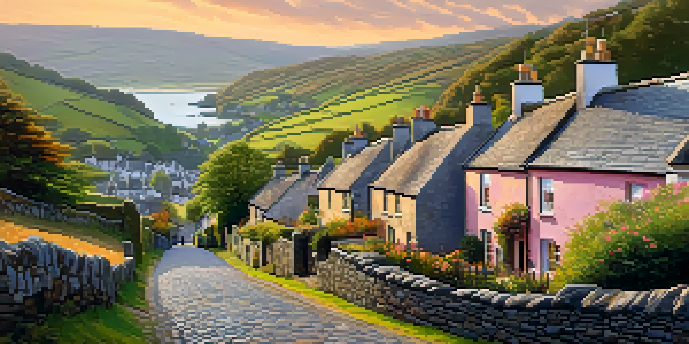A picturesque Irish village with stone cottages and green hills under a sunset sky.