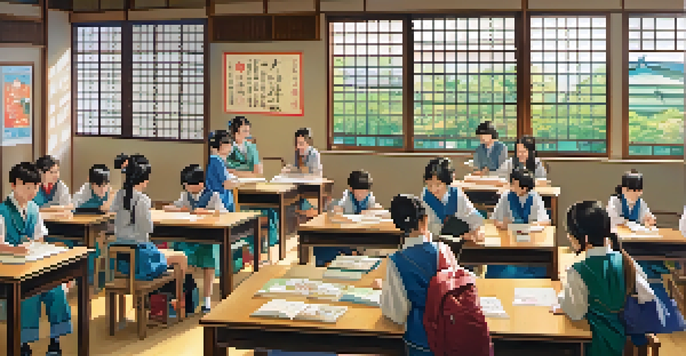A classroom in Japan with students participating in a cultural exchange activity, featuring colorful posters and natural lighting.