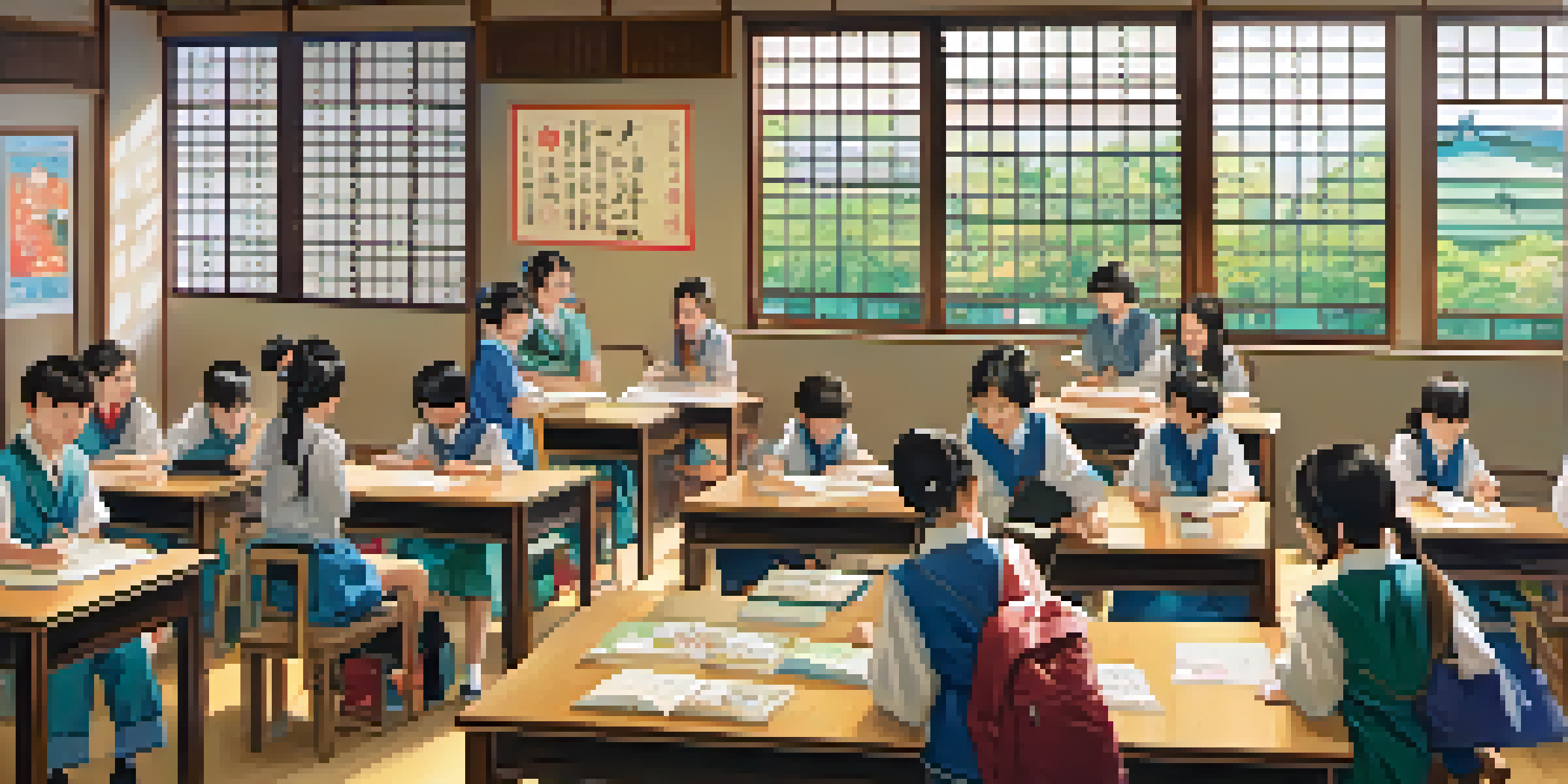 A classroom in Japan with students participating in a cultural exchange activity, featuring colorful posters and natural lighting.