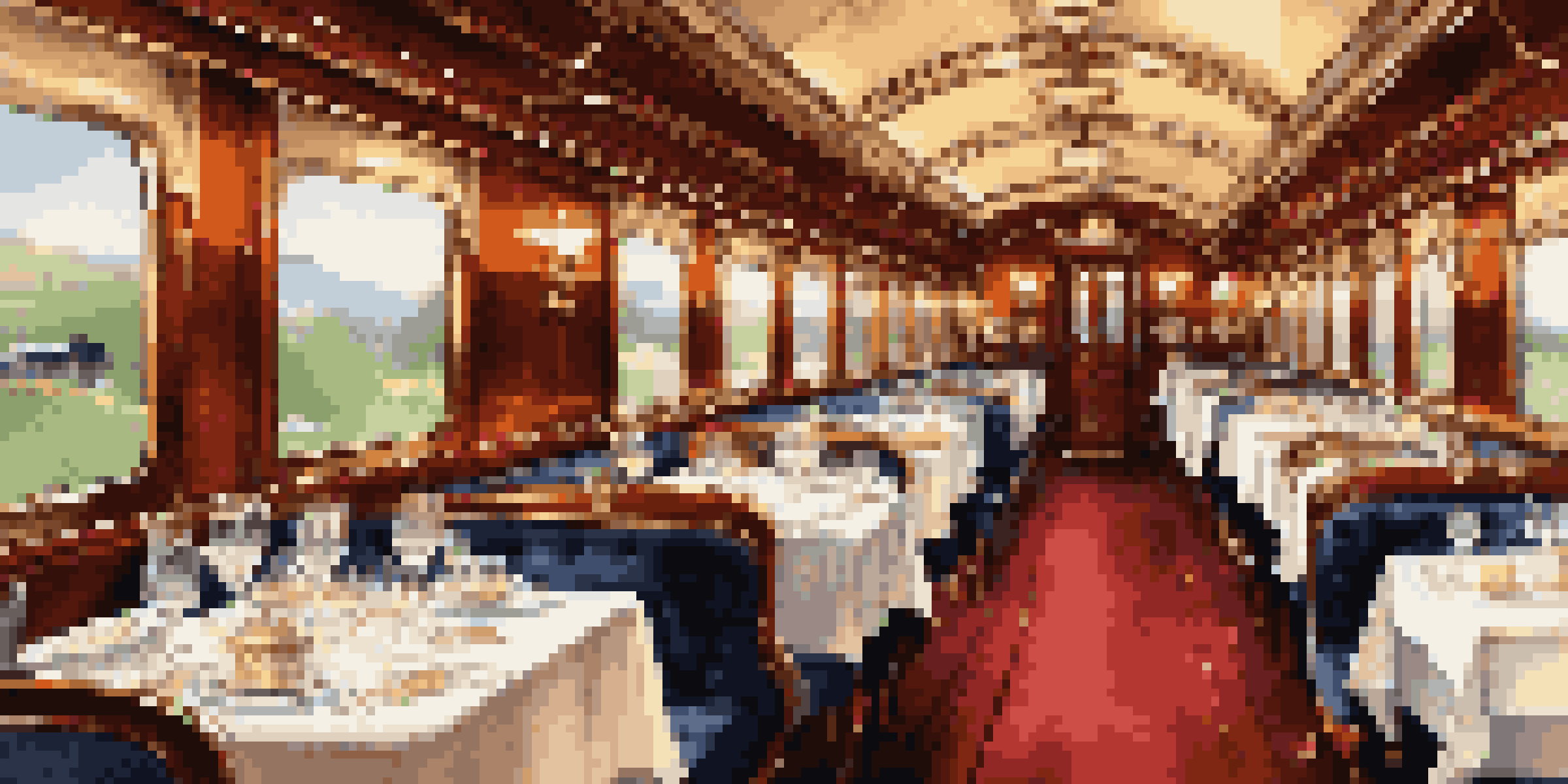 A luxurious dining car interior on the Orient Express with elegant tables and rich wood finishes, overlooking beautiful countryside through large windows.