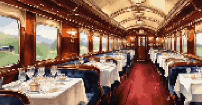 A luxurious dining car interior on the Orient Express with elegant tables and rich wood finishes, overlooking beautiful countryside through large windows.