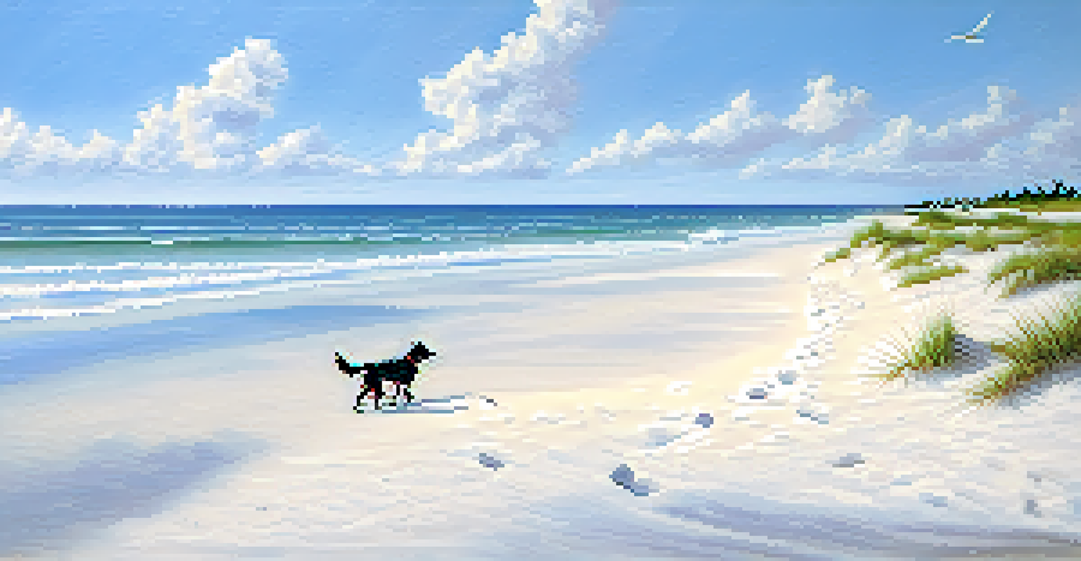 A dog on a leash walking along the white sandy beach of Cape San Blas with clear water and a blue sky.