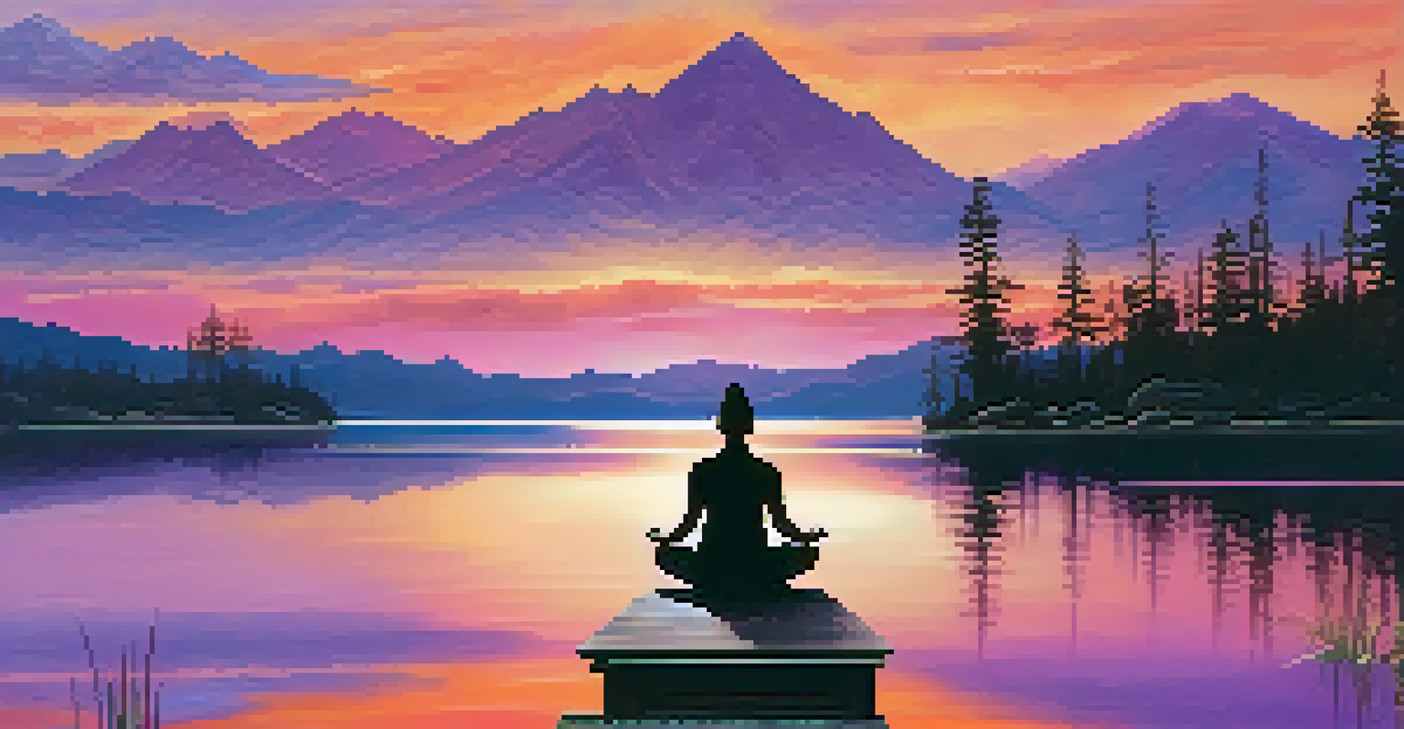 A stunning sunset view from a dock at a meditation retreat, with a person practicing yoga and a lake reflecting the colorful sky.